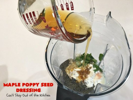 Maple Poppy Seed Dressing | Can't Stay Out of the Kitchen | this is a delicious, #healthy #SaladDressing with NO oil & NO sugar. It uses #GreekYogurt & #MapleSyrup instead. Great with a #TossedSalad with #fruit in it. #GlutenFree #LowCalorie #HealthySaladDressingRecipe
