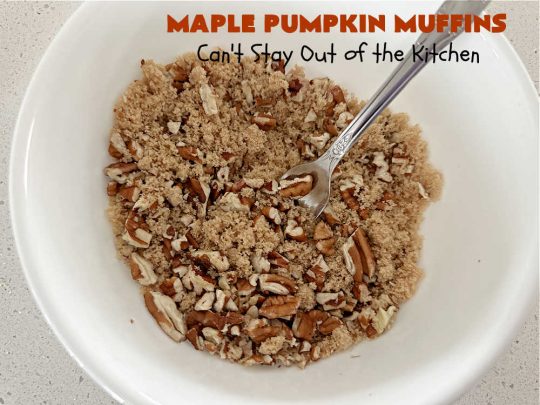 Maple Pumpkin Muffins | Can't Stay Out of the Kitchen | these fantastic #muffins include a #cheesecake layer swirled through the batter! They're topped with a lovely #streusel topping that adds a delightful crunch. Tasty treat for a weekend, company or #holiday #breakfast or #brunch. #pecans #MapleSyrup #pumpkin #CreamCheese #PumpkinMuffins #FallBaking #MaplePumpkinMuffins