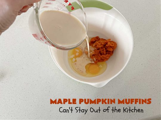 Maple Pumpkin Muffins | Can't Stay Out of the Kitchen | these fantastic #muffins include a #cheesecake layer swirled through the batter! They're topped with a lovely #streusel topping that adds a delightful crunch. Tasty treat for a weekend, company or #holiday #breakfast or #brunch. #pecans #MapleSyrup #pumpkin #CreamCheese #PumpkinMuffins #FallBaking #MaplePumpkinMuffins