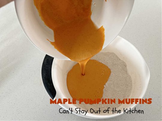 Maple Pumpkin Muffins | Can't Stay Out of the Kitchen | these fantastic #muffins include a #cheesecake layer swirled through the batter! They're topped with a lovely #streusel topping that adds a delightful crunch. Tasty treat for a weekend, company or #holiday #breakfast or #brunch. #pecans #MapleSyrup #pumpkin #CreamCheese #PumpkinMuffins #FallBaking #MaplePumpkinMuffins