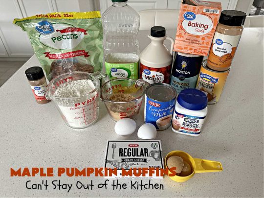 Maple Pumpkin Muffins | Can't Stay Out of the Kitchen | these fantastic #muffins include a #cheesecake layer swirled through the batter! They're topped with a lovely #streusel topping that adds a delightful crunch. Tasty treat for a weekend, company or #holiday #breakfast or #brunch. #pecans #MapleSyrup #pumpkin #CreamCheese #PumpkinMuffins #FallBaking #MaplePumpkinMuffins