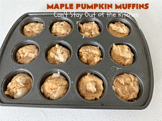 Maple Pumpkin Muffins | Can't Stay Out of the Kitchen | these fantastic #muffins include a #cheesecake layer swirled through the batter! They're topped with a lovely #streusel topping that adds a delightful crunch. Tasty treat for a weekend, company or #holiday #breakfast or #brunch. #pecans #MapleSyrup #pumpkin #CreamCheese #PumpkinMuffins #FallBaking #MaplePumpkinMuffins