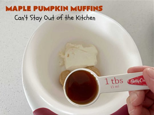Maple Pumpkin Muffins | Can't Stay Out of the Kitchen | these fantastic #muffins include a #cheesecake layer swirled through the batter! They're topped with a lovely #streusel topping that adds a delightful crunch. Tasty treat for a weekend, company or #holiday #breakfast or #brunch. #pecans #MapleSyrup #pumpkin #CreamCheese #PumpkinMuffins #FallBaking #MaplePumpkinMuffins