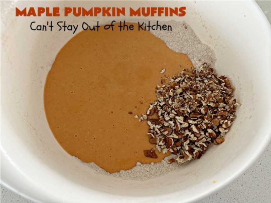 Maple Pumpkin Muffins | Can't Stay Out of the Kitchen | these fantastic #muffins include a #cheesecake layer swirled through the batter! They're topped with a lovely #streusel topping that adds a delightful crunch. Tasty treat for a weekend, company or #holiday #breakfast or #brunch. #pecans #MapleSyrup #pumpkin #CreamCheese #PumpkinMuffins #FallBaking #MaplePumpkinMuffins