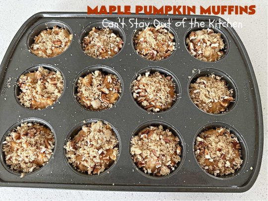 Maple Pumpkin Muffins | Can't Stay Out of the Kitchen | these fantastic #muffins include a #cheesecake layer swirled through the batter! They're topped with a lovely #streusel topping that adds a delightful crunch. Tasty treat for a weekend, company or #holiday #breakfast or #brunch. #pecans #MapleSyrup #pumpkin #CreamCheese #PumpkinMuffins #FallBaking #MaplePumpkinMuffins