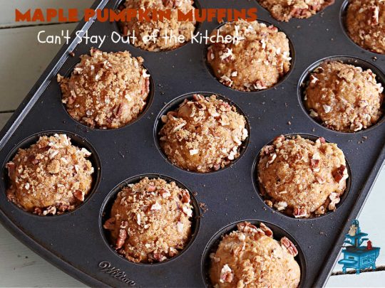 Maple Pumpkin Muffins | Can't Stay Out of the Kitchen | these fantastic #muffins include a #cheesecake layer swirled through the batter! They're topped with a lovely #streusel topping that adds a delightful crunch. Tasty treat for a weekend, company or #holiday #breakfast or #brunch. #pecans #MapleSyrup #pumpkin #CreamCheese #PumpkinMuffins #FallBaking #MaplePumpkinMuffins