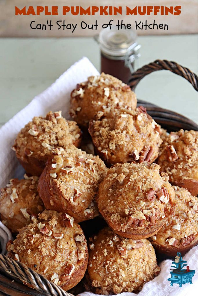 Maple Pumpkin Muffins | Can't Stay Out of the Kitchen | these fantastic #muffins include a #cheesecake layer swirled through the batter! They're topped with a lovely #streusel topping that adds a delightful crunch. Tasty treat for a weekend, company or #holiday #breakfast or #brunch. #pecans #MapleSyrup #pumpkin #CreamCheese #PumpkinMuffins #FallBaking #MaplePumpkinMuffins