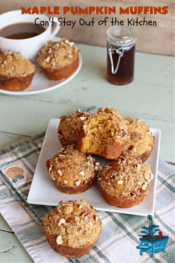 Maple Pumpkin Muffins | Can't Stay Out of the Kitchen | these fantastic #muffins include a #cheesecake layer swirled through the batter! They're topped with a lovely #streusel topping that adds a delightful crunch. Tasty treat for a weekend, company or #holiday #breakfast or #brunch. #pecans #MapleSyrup #pumpkin #CreamCheese #PumpkinMuffins #FallBaking #MaplePumpkinMuffins