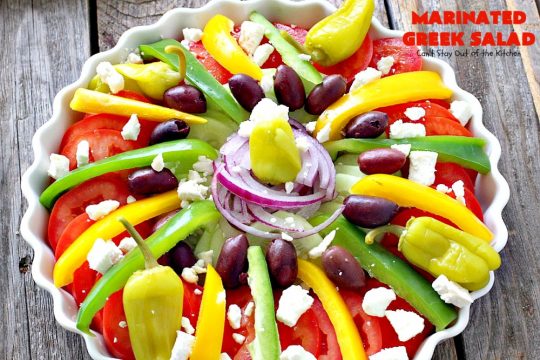 Marinated Greek Salad | Can't Stay Out of the Kitchen | marvelous #Greek #salad for summer #holidays, BBQs and potlucks. This one has a fantastic homemade dressing. #glutenfree
