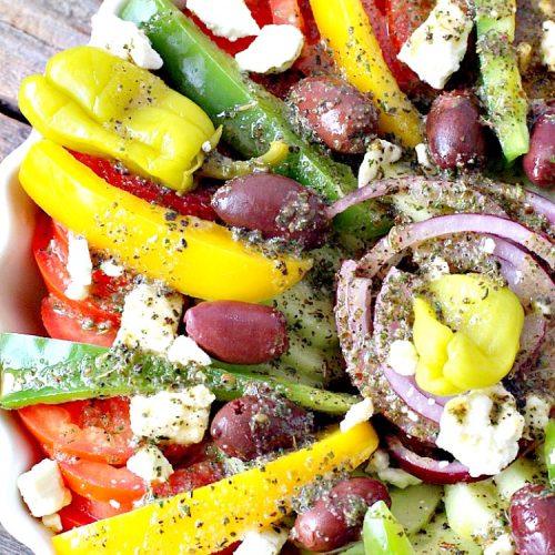 Marinated Greek Salad | Can't Stay Out of the Kitchen | marvelous #Greek #salad for summer #holidays, BBQs and potlucks. This one has a fantastic homemade dressing. #glutenfree