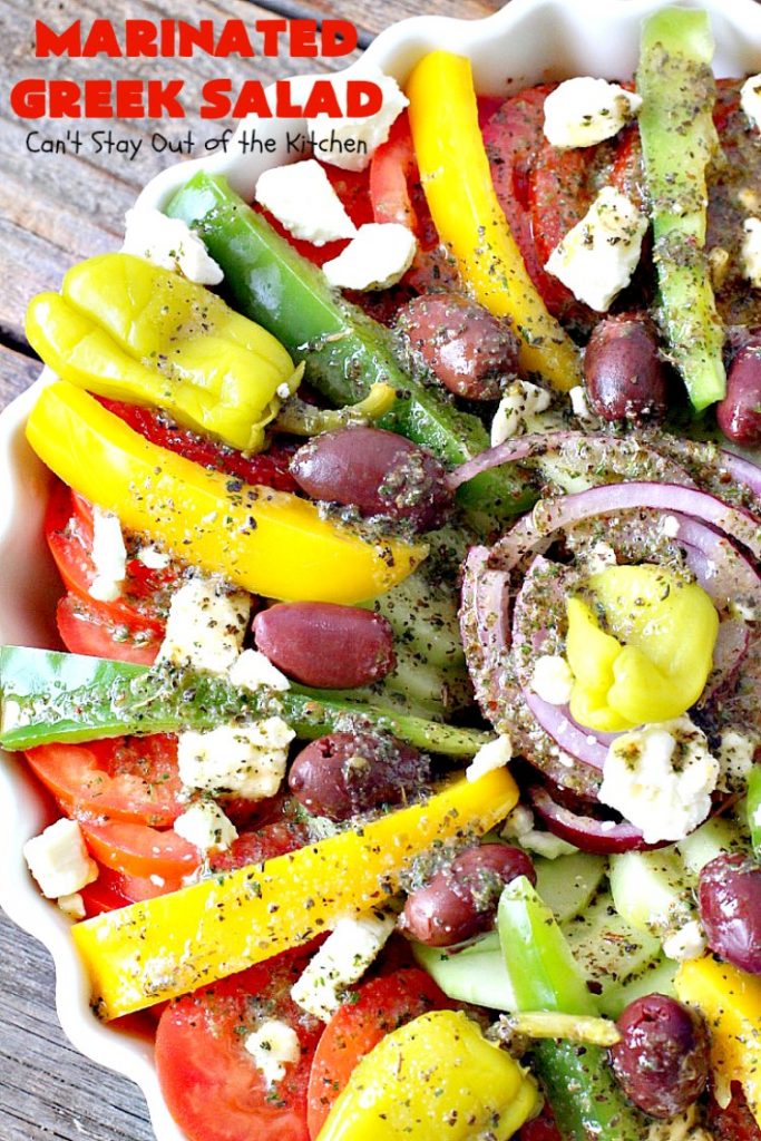Marinated Greek Salad | Can't Stay Out of the Kitchen | marvelous #Greek #salad for summer #holidays, BBQs and potlucks. This one has a fantastic homemade dressing. #glutenfree