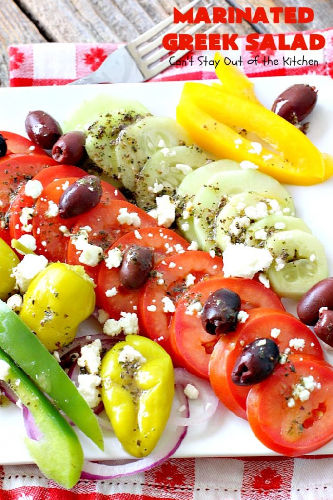 Marinated Greek Salad | Can't Stay Out of the Kitchen | marvelous #Greek #salad for summer #holidays, BBQs and potlucks. This one has a fantastic homemade dressing. #glutenfree
