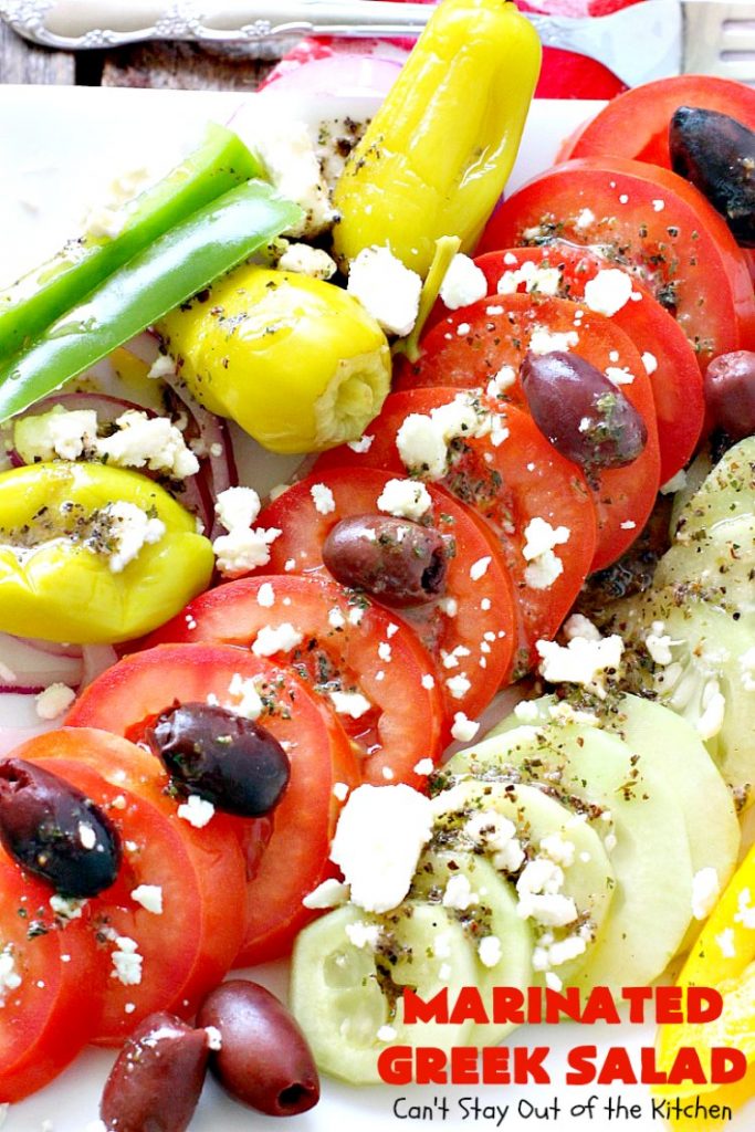 Marinated Greek Salad | Can't Stay Out of the Kitchen | marvelous #Greek #salad for summer #holidays, BBQs and potlucks. This one has a fantastic homemade dressing. #glutenfree