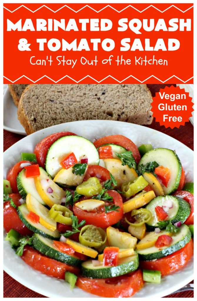 Marinated Squash and Tomato Salad | Can't Stay Out of the Kitchen | this delicious #salad is a refreshing & mouthwatering way to eat your #veggies! Perfect for summer #holidays, potlucks & backyard barbecues. #zucchini #tomatoes #YellowSquash #FarmersBoyGreekDressing #vegan #GlutenFree #MarinatedSquashAndTomatoSalad