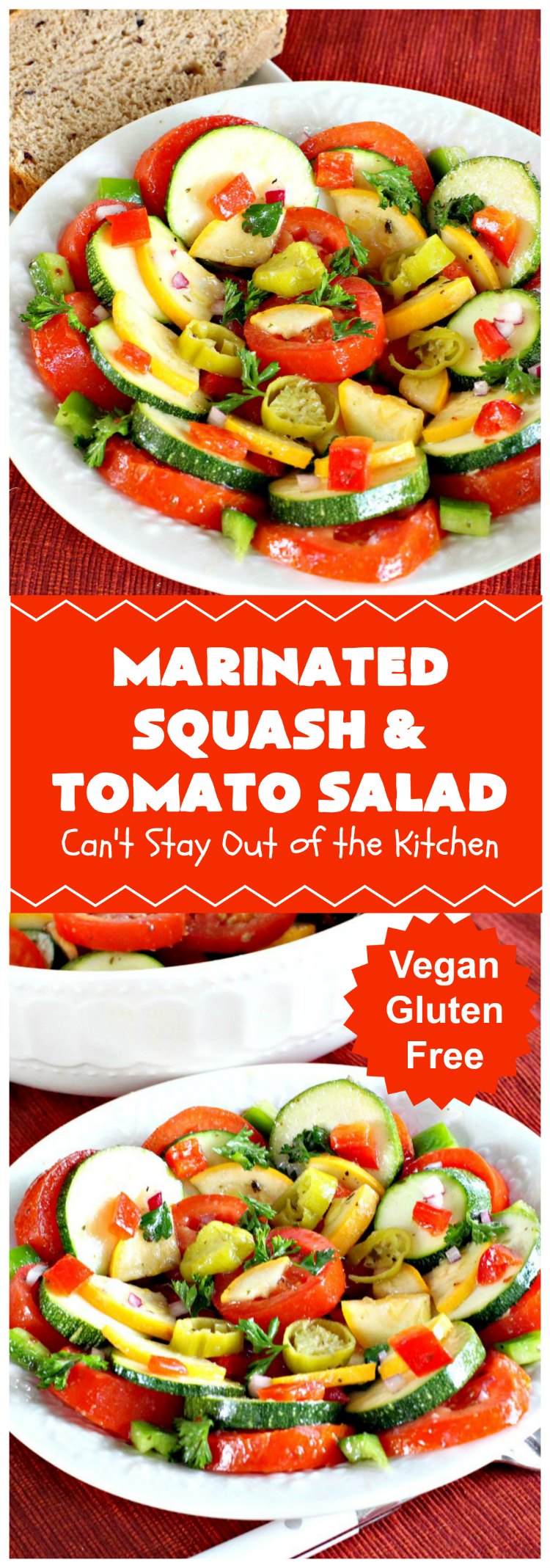 Marinated Squash and Tomato Salad | Can't Stay Out of the Kitchen | this delicious #salad is a refreshing & mouthwatering way to eat your #veggies! Perfect for summer #holidays, potlucks & backyard barbecues. #zucchini #tomatoes #YellowSquash #FarmersBoyGreekDressing #vegan #GlutenFree #MarinatedSquashAndTomatoSalad