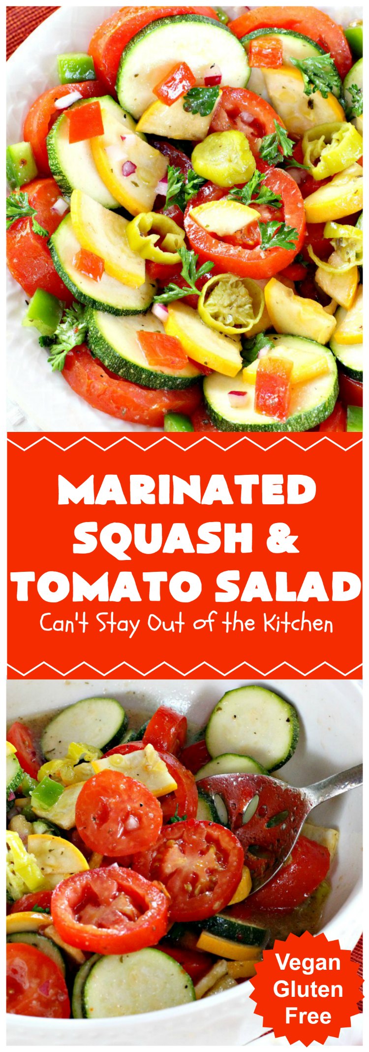 Marinated Squash and Tomato Salad | Can't Stay Out of the Kitchen | this delicious #salad is a refreshing & mouthwatering way to eat your #veggies! Perfect for summer #holidays, potlucks & backyard barbecues. #zucchini #tomatoes #YellowSquash #FarmersBoyGreekDressing #vegan #GlutenFree #MarinatedSquashAndTomatoSalad