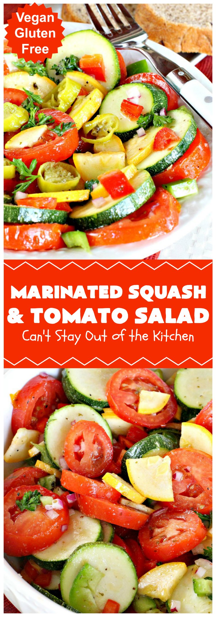 Marinated Squash and Tomato Salad | Can't Stay Out of the Kitchen | this delicious #salad is a refreshing & mouthwatering way to eat your #veggies! Perfect for summer #holidays, potlucks & backyard barbecues. #zucchini #tomatoes #YellowSquash #FarmersBoyGreekDressing #vegan #GlutenFree #MarinatedSquashAndTomatoSalad