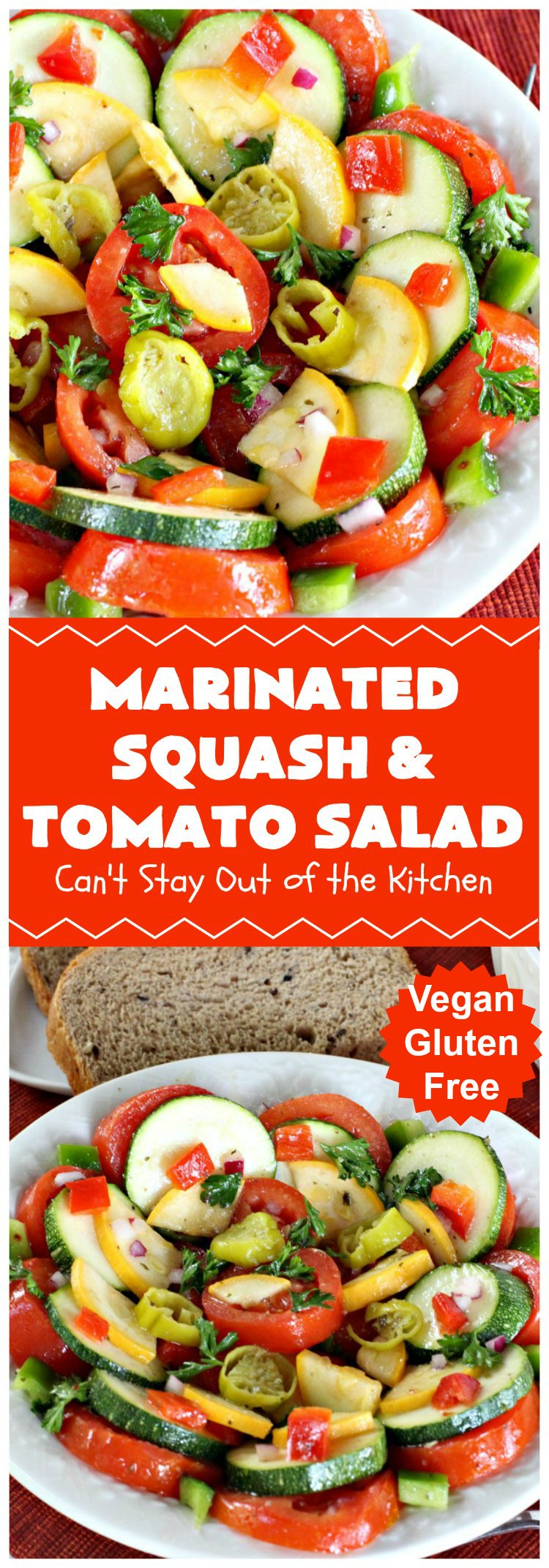 Marinated Squash and Tomato Salad | Can't Stay Out of the Kitchen | this delicious #salad is a refreshing & mouthwatering way to eat your #veggies! Perfect for summer #holidays, potlucks & backyard barbecues. #zucchini #tomatoes #YellowSquash #FarmersBoyGreekDressing #vegan #GlutenFree #MarinatedSquashAndTomatoSalad