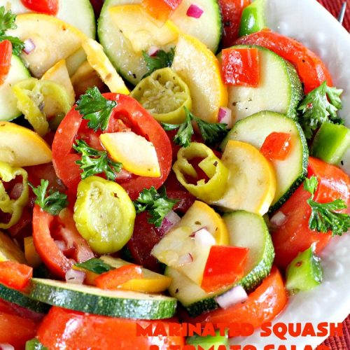 Marinated Squash and Tomato Salad | Can't Stay Out of the Kitchen | this delicious #salad is a refreshing & mouthwatering way to eat your #veggies! Perfect for summer #holidays, potlucks & backyard barbecues. #zucchini #tomatoes #YellowSquash #FarmersBoyGreekDressing #vegan #GlutenFree #MarinatedSquashAndTomatoSalad
