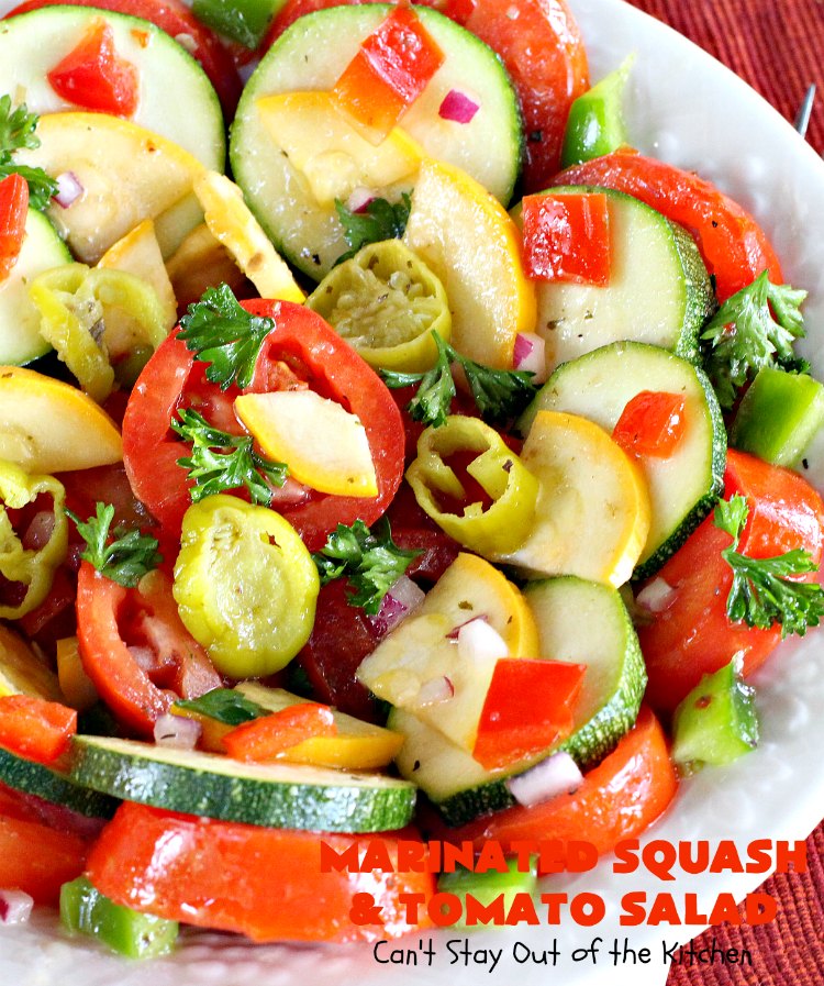 Marinated Squash and Tomato Salad | Can't Stay Out of the Kitchen | this delicious #salad is a refreshing & mouthwatering way to eat your #veggies! Perfect for summer #holidays, potlucks & backyard barbecues. #zucchini #tomatoes #YellowSquash #FarmersBoyGreekDressing #vegan #GlutenFree #MarinatedSquashAndTomatoSalad