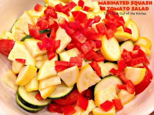 Marinated Squash and Tomato Salad | Can't Stay Out of the Kitchen | this delicious #salad is a refreshing & mouthwatering way to eat your #veggies! Perfect for summer #holidays, potlucks & backyard barbecues. #zucchini #tomatoes #YellowSquash #FarmersBoyGreekDressing #vegan #GlutenFree #MarinatedSquashAndTomatoSalad
