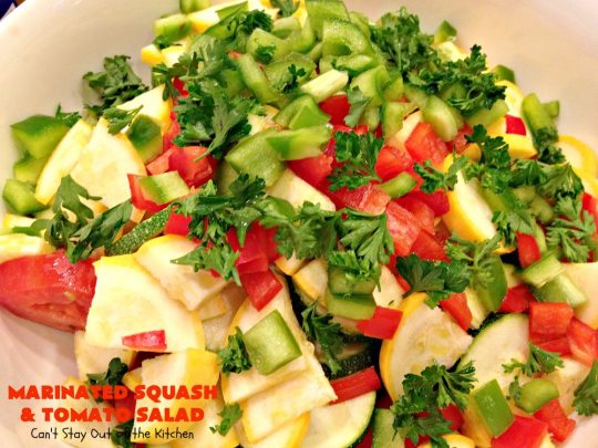 Marinated Squash and Tomato Salad | Can't Stay Out of the Kitchen | this delicious #salad is a refreshing & mouthwatering way to eat your #veggies! Perfect for summer #holidays, potlucks & backyard barbecues. #zucchini #tomatoes #YellowSquash #FarmersBoyGreekDressing #vegan #GlutenFree #MarinatedSquashAndTomatoSalad