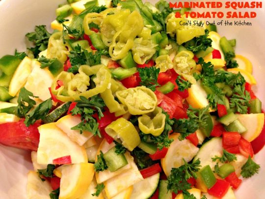 Marinated Squash and Tomato Salad | Can't Stay Out of the Kitchen | this delicious #salad is a refreshing & mouthwatering way to eat your #veggies! Perfect for summer #holidays, potlucks & backyard barbecues. #zucchini #tomatoes #YellowSquash #FarmersBoyGreekDressing #vegan #GlutenFree #MarinatedSquashAndTomatoSalad