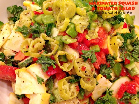 Marinated Squash and Tomato Salad | Can't Stay Out of the Kitchen | this delicious #salad is a refreshing & mouthwatering way to eat your #veggies! Perfect for summer #holidays, potlucks & backyard barbecues. #zucchini #tomatoes #YellowSquash #FarmersBoyGreekDressing #vegan #GlutenFree #MarinatedSquashAndTomatoSalad