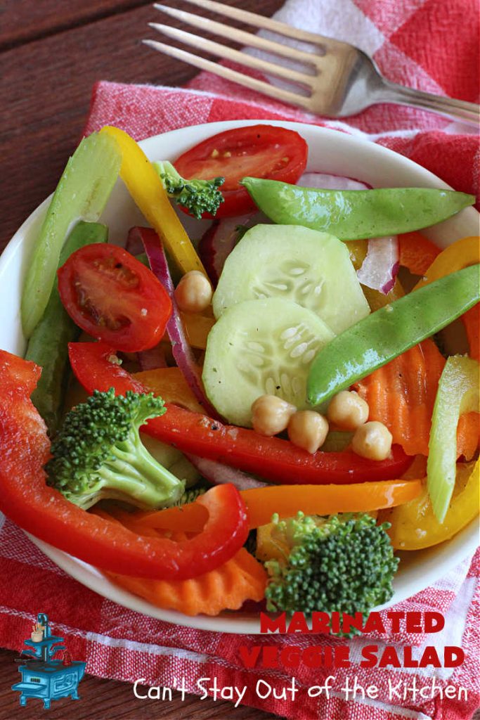 Marinated Veggie Salad | Can't Stay Out of the Kitchen | this fantastic #MarinatedSalad #recipe includes lots of fresh, crispy, crunchy veggies and a delicious homemade #SaladDressing (marinade) that uses NO oil. It's #vegan, #GlutenFree & a delightful #salad option for any company meal including #holidays. #tomatoes #chickpeas #carrots #cucumber #broccoli #SugarSnapPeas #BellPeppers #MarinatedVeggieSalad