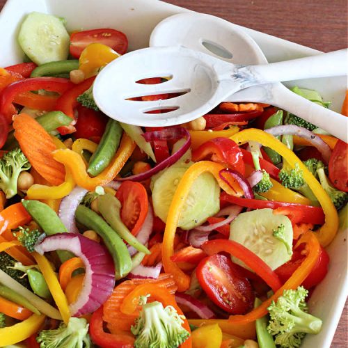 Marinated Veggie Salad | Can't Stay Out of the Kitchen | this fantastic #MarinatedSalad #recipe includes lots of fresh, crispy, crunchy veggies and a delicious homemade #SaladDressing (marinade) that uses NO oil. It's #vegan, #GlutenFree & a delightful #salad option for any company meal including #holidays. #tomatoes #chickpeas #carrots #cucumber #broccoli #SugarSnapPeas #BellPeppers #MarinatedVeggieSalad