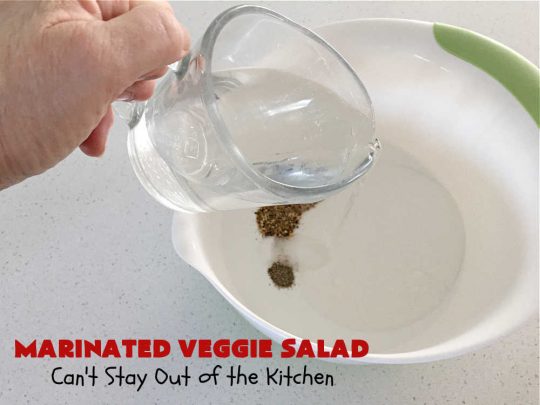 Marinated Veggie Salad | Can't Stay Out of the Kitchen | this fantastic #MarinatedSalad #recipe includes lots of fresh, crispy, crunchy veggies and a delicious homemade #SaladDressing (marinade) that uses NO oil. It's #vegan, #GlutenFree & a delightful #salad option for any company meal including #holidays. #tomatoes #chickpeas #carrots #cucumber #broccoli #SugarSnapPeas #BellPeppers #MarinatedVeggieSalad