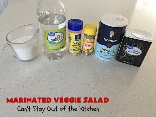 Marinated Veggie Salad | Can't Stay Out of the Kitchen | this fantastic #MarinatedSalad #recipe includes lots of fresh, crispy, crunchy veggies and a delicious homemade #SaladDressing (marinade) that uses NO oil. It's #vegan, #GlutenFree & a delightful #salad option for any company meal including #holidays. #tomatoes #chickpeas #carrots #cucumber #broccoli #SugarSnapPeas #BellPeppers #MarinatedVeggieSalad