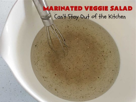 Marinated Veggie Salad | Can't Stay Out of the Kitchen | this fantastic #MarinatedSalad #recipe includes lots of fresh, crispy, crunchy veggies and a delicious homemade #SaladDressing (marinade) that uses NO oil. It's #vegan, #GlutenFree & a delightful #salad option for any company meal including #holidays. #tomatoes #chickpeas #carrots #cucumber #broccoli #SugarSnapPeas #BellPeppers #MarinatedVeggieSalad