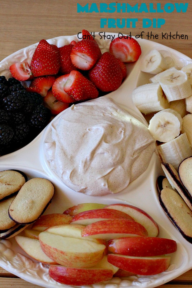 Marshmallow Fruit Dip | Can't Stay Out of the Kitchen | this luscious 3-ingredient #recipe can be whipped up in less than 5 minutes! It's terrific with fresh #fruit, graham crackers or cookies. Wonderful for potlucks or #tailgating parties where you can serve it as an #appetizer or as a #dessert. #GlutenFree #GlutenFreeAppetizer #GlutenFreeDessert #MarshmallowFruitDip