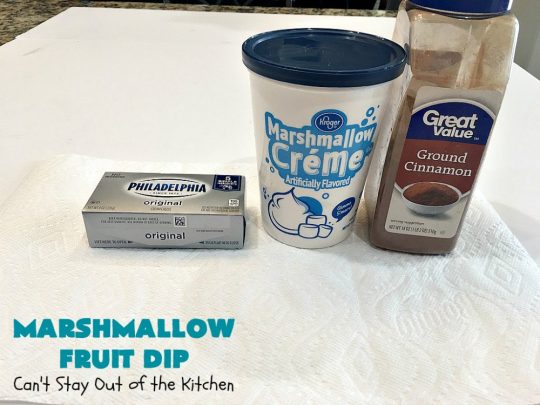 Marshmallow Fruit Dip | Can't Stay Out of the Kitchen | this luscious 3-ingredient #recipe can be whipped up in less than 5 minutes! It's terrific with fresh #fruit, graham crackers or cookies. Wonderful for potlucks or #tailgating parties where you can serve it as an #appetizer or as a #dessert. #GlutenFree #GlutenFreeAppetizer #GlutenFreeDessert #MarshmallowFruitDip