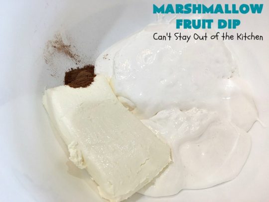 Marshmallow Fruit Dip | Can't Stay Out of the Kitchen | this luscious 3-ingredient #recipe can be whipped up in less than 5 minutes! It's terrific with fresh #fruit, graham crackers or cookies. Wonderful for potlucks or #tailgating parties where you can serve it as an #appetizer or as a #dessert. #GlutenFree #GlutenFreeAppetizer #GlutenFreeDessert #MarshmallowFruitDip