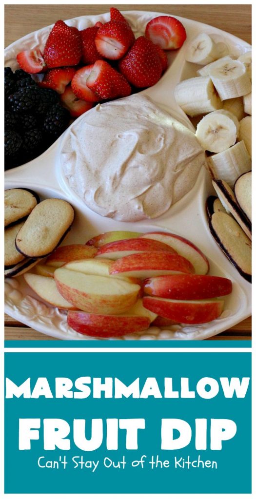 Marshmallow Fruit Dip | Can't Stay Out of the Kitchen | this luscious 3-ingredient #recipe can be whipped up in less than 5 minutes! It's terrific with fresh #fruit, graham crackers or cookies. Wonderful for potlucks or #tailgating parties where you can serve it as an #appetizer or as a #dessert. #GlutenFree #GlutenFreeAppetizer #GlutenFreeDessert #MarshmallowFruitDip