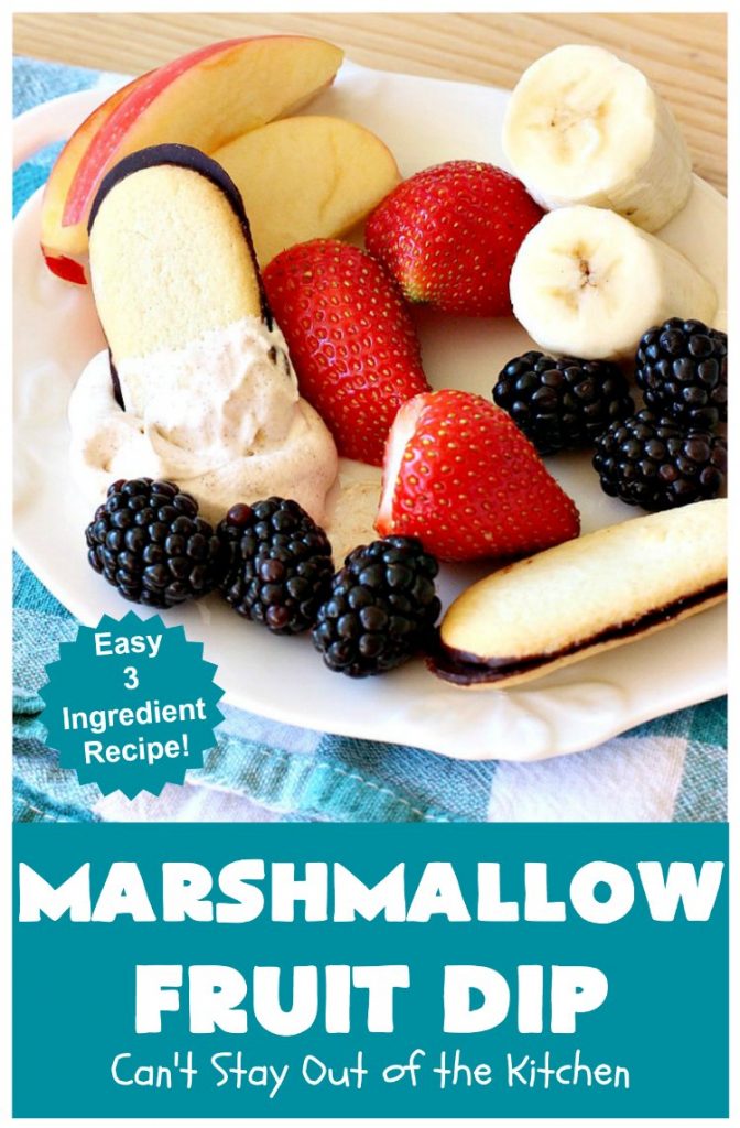 Marshmallow Fruit Dip | Can't Stay Out of the Kitchen | this luscious 3-ingredient #recipe can be whipped up in less than 5 minutes! It's terrific with fresh #fruit, graham crackers or cookies. Wonderful for potlucks or #tailgating parties where you can serve it as an #appetizer or as a #dessert. #GlutenFree #GlutenFreeAppetizer #GlutenFreeDessert #MarshmallowFruitDip