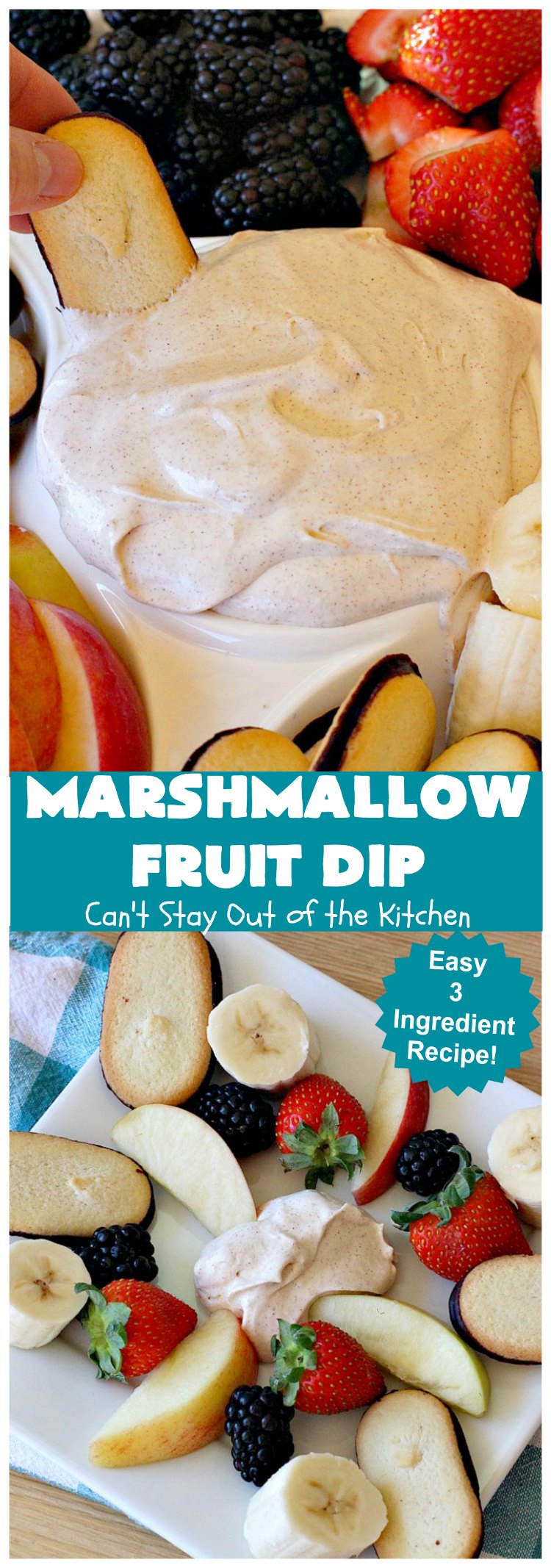 Marshmallow Fruit Dip | Can't Stay Out of the Kitchen | this luscious 3-ingredient #recipe can be whipped up in less than 5 minutes! It's terrific with fresh #fruit, graham crackers or cookies. Wonderful for potlucks or #tailgating parties where you can serve it as an #appetizer or as a #dessert. #GlutenFree #GlutenFreeAppetizer #GlutenFreeDessert #MarshmallowFruitDip