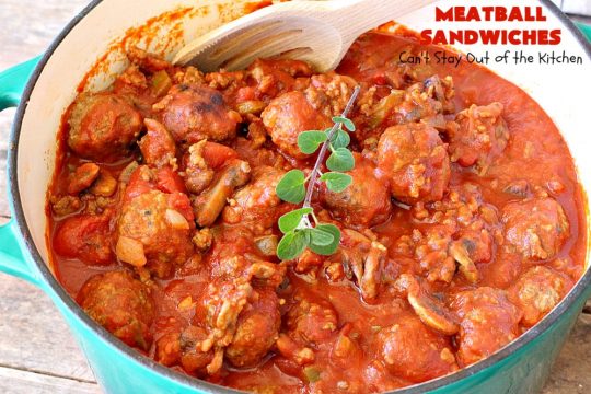 Meatball Sandwiches | Can't Stay Out of the Kitchen | Amazing #meatballs & sauce to spread over hoagie rolls. Adding melted #provolonecheese makes them spectacular. Great for #tailgating parties. So easy for weekend dinners. #beef #sandwiches #marinarasauce #ItalianSausage #NewYearsDay 
