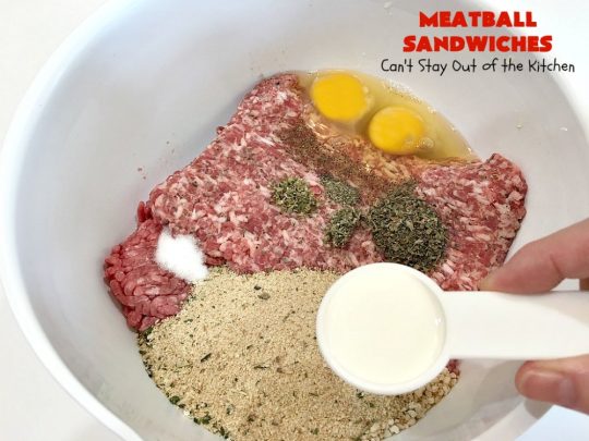 Meatball Sandwiches | Can't Stay Out of the Kitchen | Amazing #meatballs & sauce to spread over hoagie rolls. Adding melted #provolonecheese makes them spectacular. Great for #tailgating parties. So easy for weekend dinners. #beef #sandwiches #marinarasauce #ItalianSausage #NewYearsDay 
