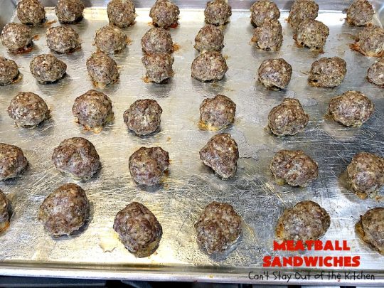 Meatball Sandwiches | Can't Stay Out of the Kitchen | Amazing #meatballs & sauce to spread over hoagie rolls. Adding melted #provolonecheese makes them spectacular. Great for #tailgating parties. So easy for weekend dinners. #beef #sandwiches #marinarasauce #ItalianSausage #NewYearsDay 