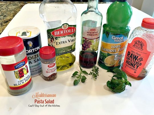 Mediterranean Pasta Salad | Can't Stay Out of the Kitchen | this fabulous #pastasalad is great for potlucks or #holiday picnics. It has a delicious homemade basil #vinaigrette. #salad