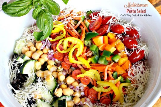 Mediterranean Pasta Salad | Can't Stay Out of the Kitchen | this fabulous #pastasalad is great for potlucks or #holiday picnics. It has a delicious homemade basil #vinaigrette. #salad
