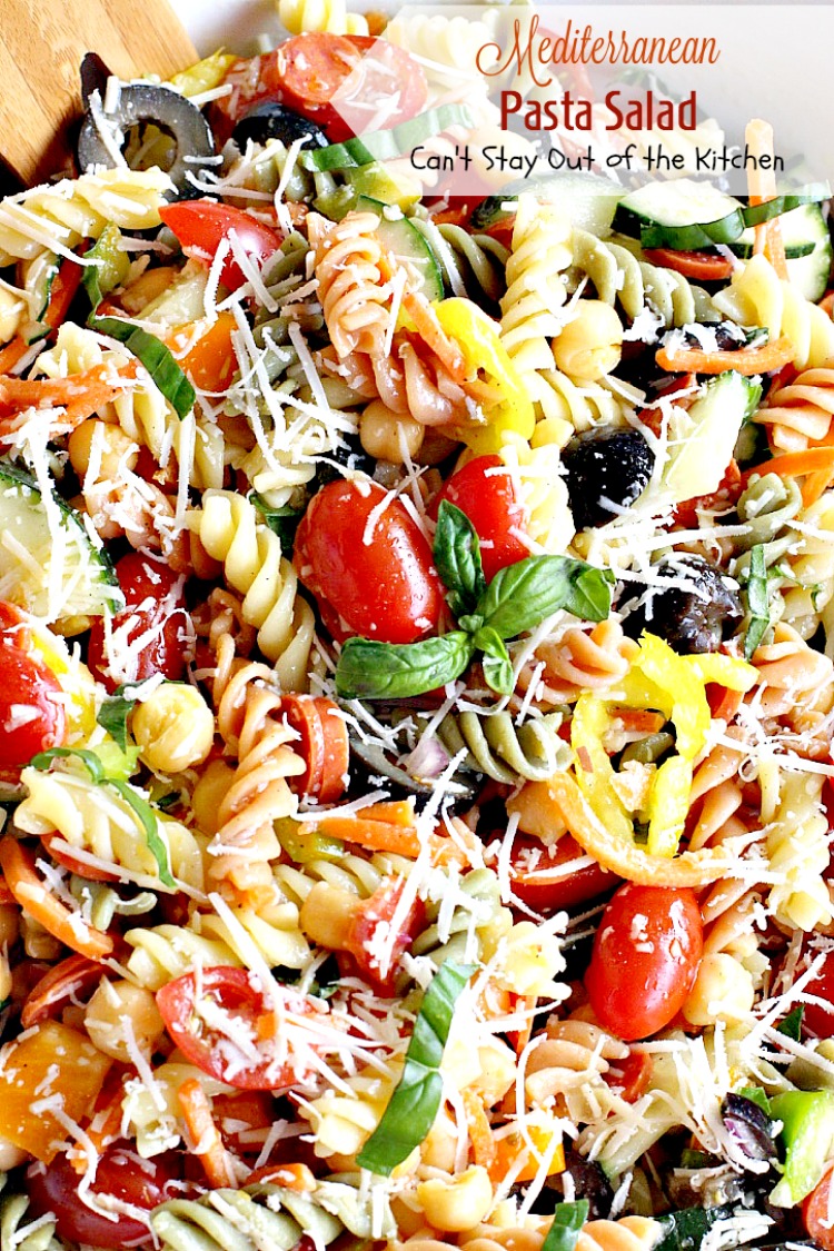 Mediterranean Pasta Salad | Can't Stay Out of the Kitchen | this fabulous #pastasalad is great for potlucks or #holiday picnics. It has a delicious homemade basil #vinaigrette. #salad