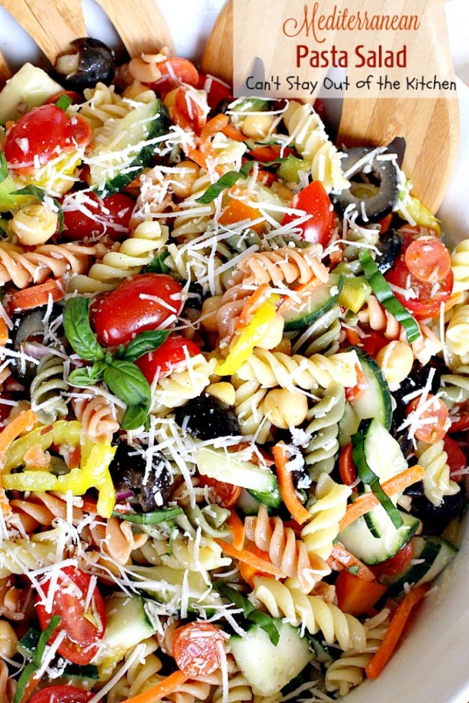 Mediterranean Pasta Salad | Can't Stay Out of the Kitchen | this fabulous #pastasalad is great for potlucks or #holiday picnics. It has a delicious homemade basil #vinaigrette. #salad