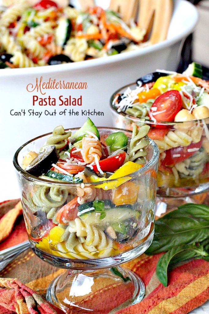 Mediterranean Pasta Salad | Can't Stay Out of the Kitchen | this fabulous #pastasalad is great for potlucks or #holiday picnics. It has a delicious homemade basil #vinaigrette. #salad