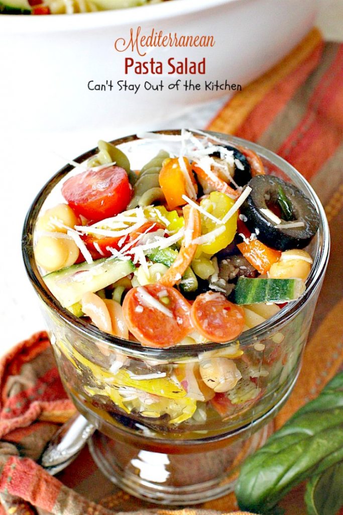 Mediterranean Pasta Salad | Can't Stay Out of the Kitchen | this fabulous #pastasalad is great for potlucks or #holiday picnics. It has a delicious homemade basil #vinaigrette. #salad