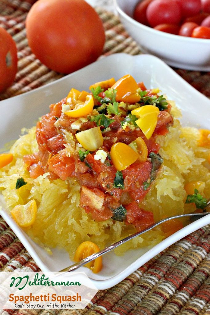 Mediterranean Spaghetti Squash | Can't Stay Out of the Kitchen | mouthwatering #MeatlessMonday dish that's healthy, #glutenfree and #vegan. You'll love the Mediterranean flavors.