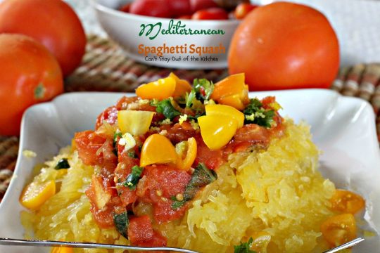 Mediterranean Spaghetti Squash | Can't Stay Out of the Kitchen | mouthwatering #MeatlessMonday dish that's healthy, #glutenfree and #vegan. You'll love the Mediterranean flavors.